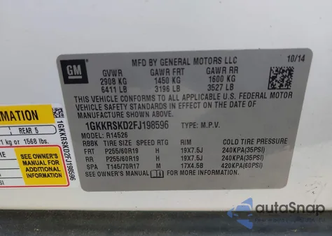 2015 GMC Acadia Slt-2 из США, поврежденный, VIN 1GKKRSKD2FJ198596